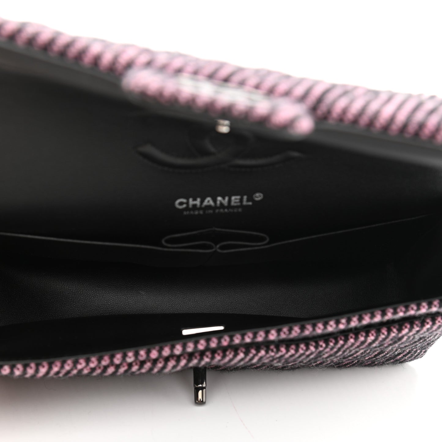 Wool Tweed Quilted Medium Double Flap Pink Black