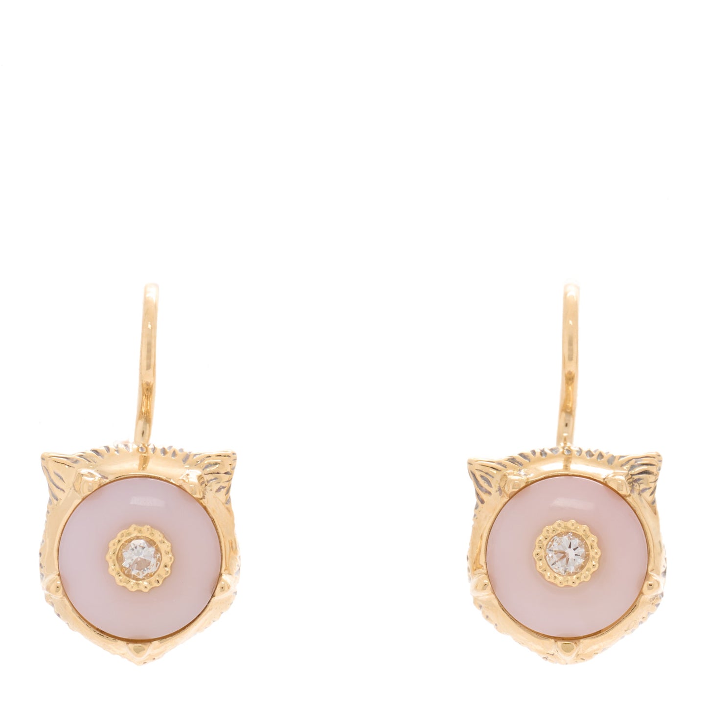 18K Yellow Gold Diamond Pink Opal Le Marche Des Merveilles Feline Earrings
