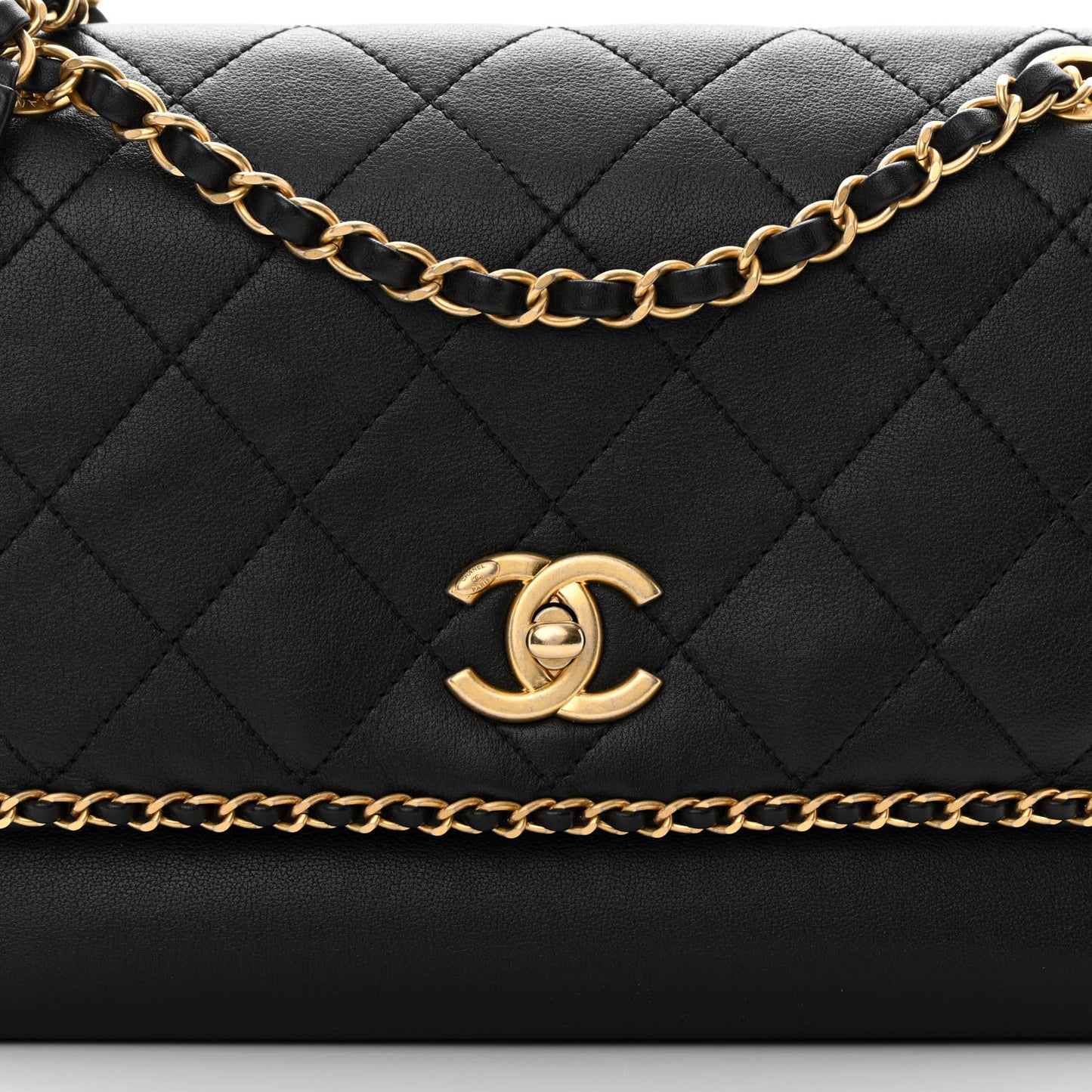 Calfskin Stitched Chain Flap Black