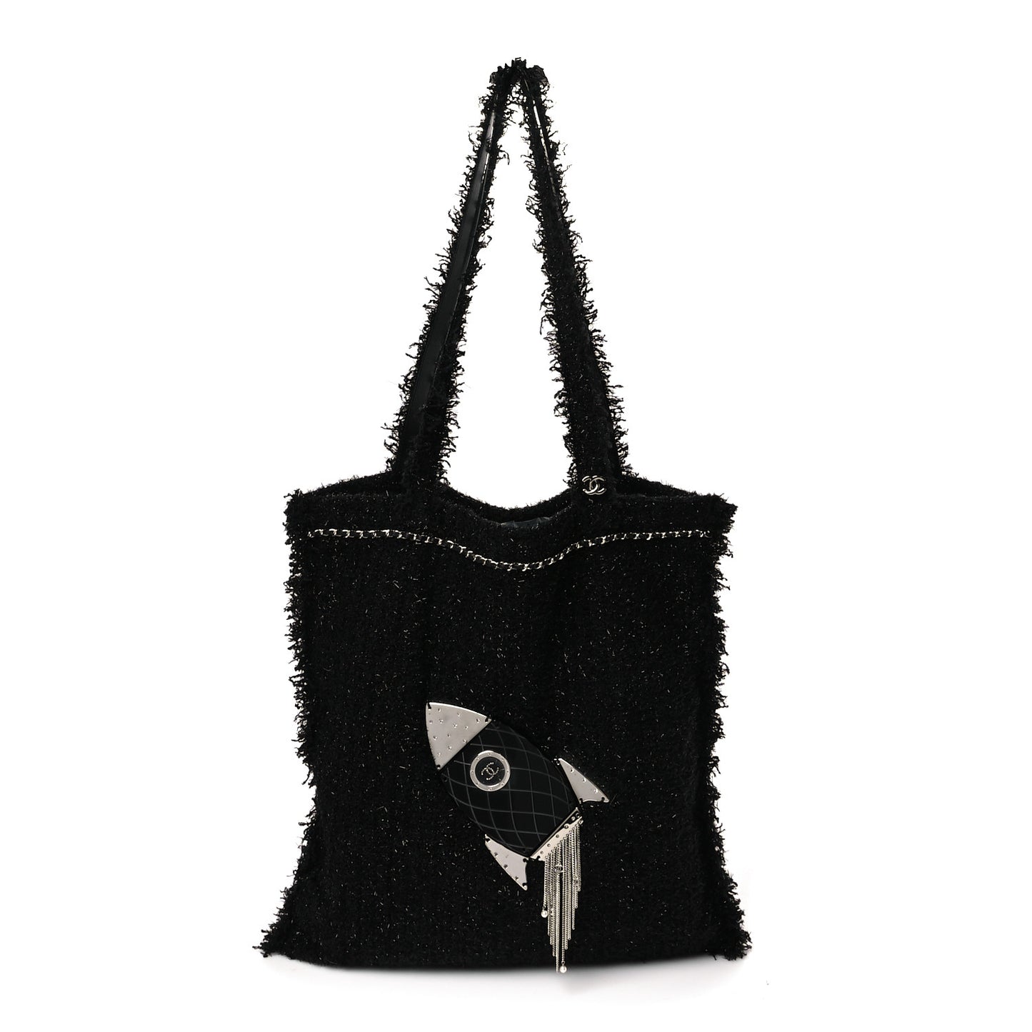 Tweed Resin Strass Large Robot Shopping Bag Black