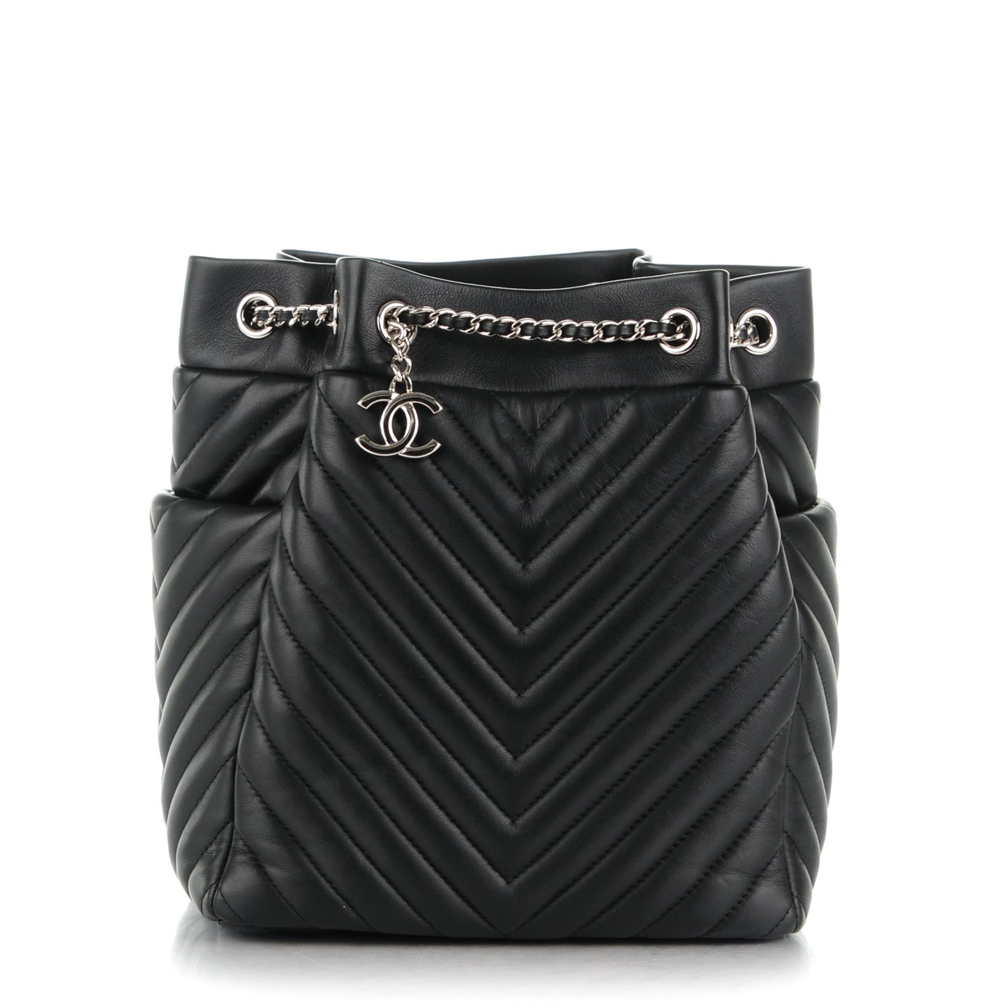 Lambskin Chevron Small Urban Spirit Drawstring Bag Black