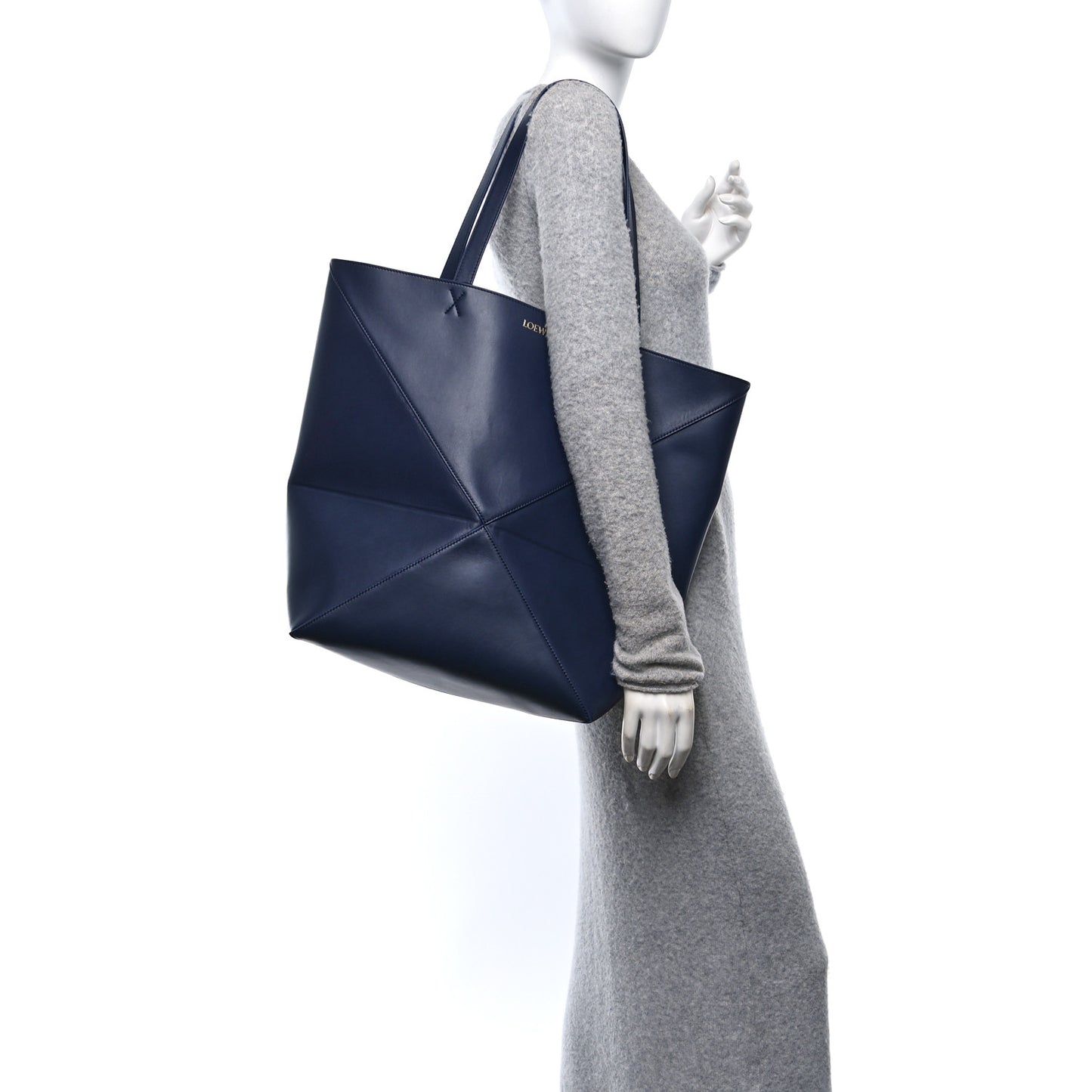 Shiny Calfskin Large Puzzle Fold Tote Abyss Blue