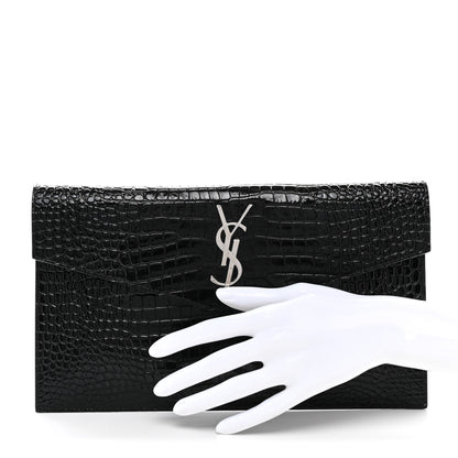 Saint Laurent Calfskin Crocodile Embossed Uptown Monogram Pouch Black 2 of 8