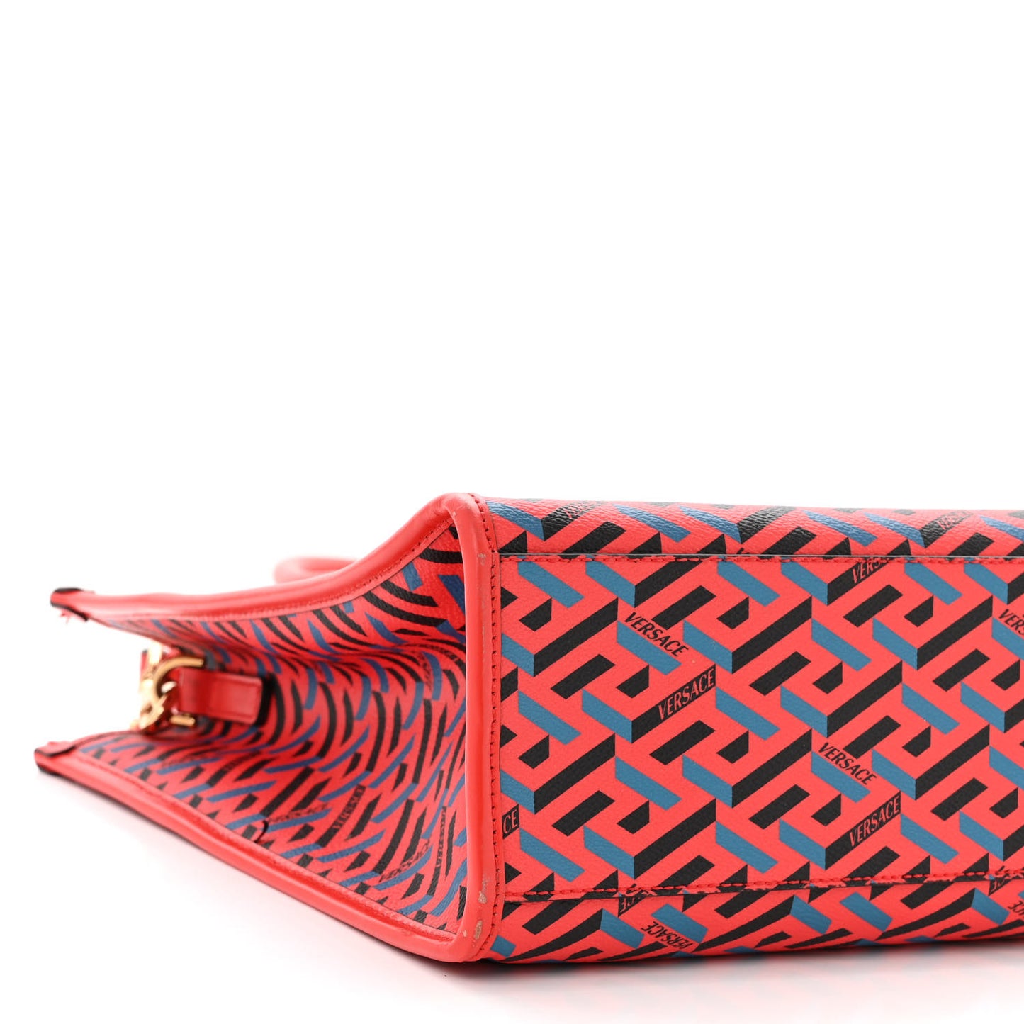 Coated Canvas Calfskin La Greca Signature Tote Bag Blue Red