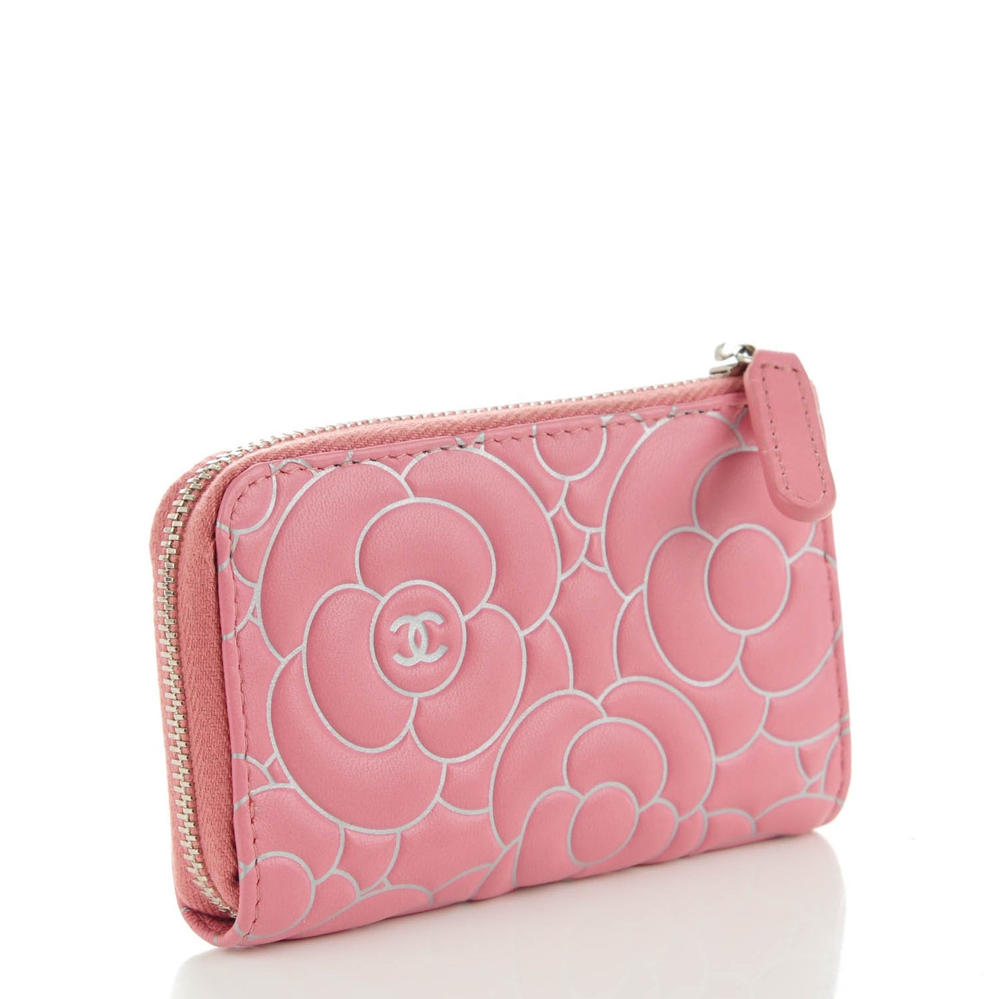 Lambskin Camellia Embossed Key Holder Case Pink