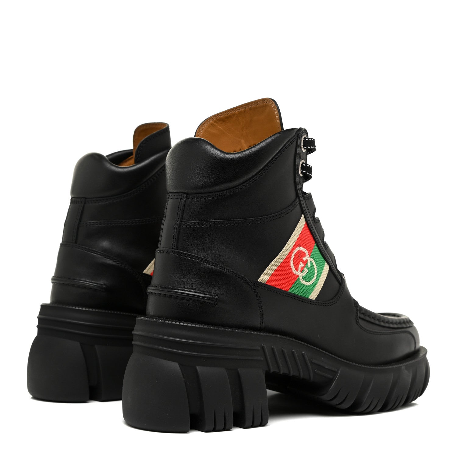 Gucci Quebec Calfskin Web Womens Interlocking G Lace Up Combat Boots 37 Black Mystic White Green Red 5 of 11