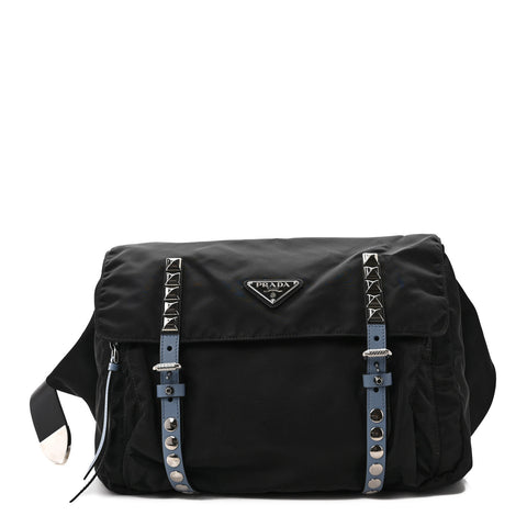 Nylon New Vela Studded Messenger Bag Black