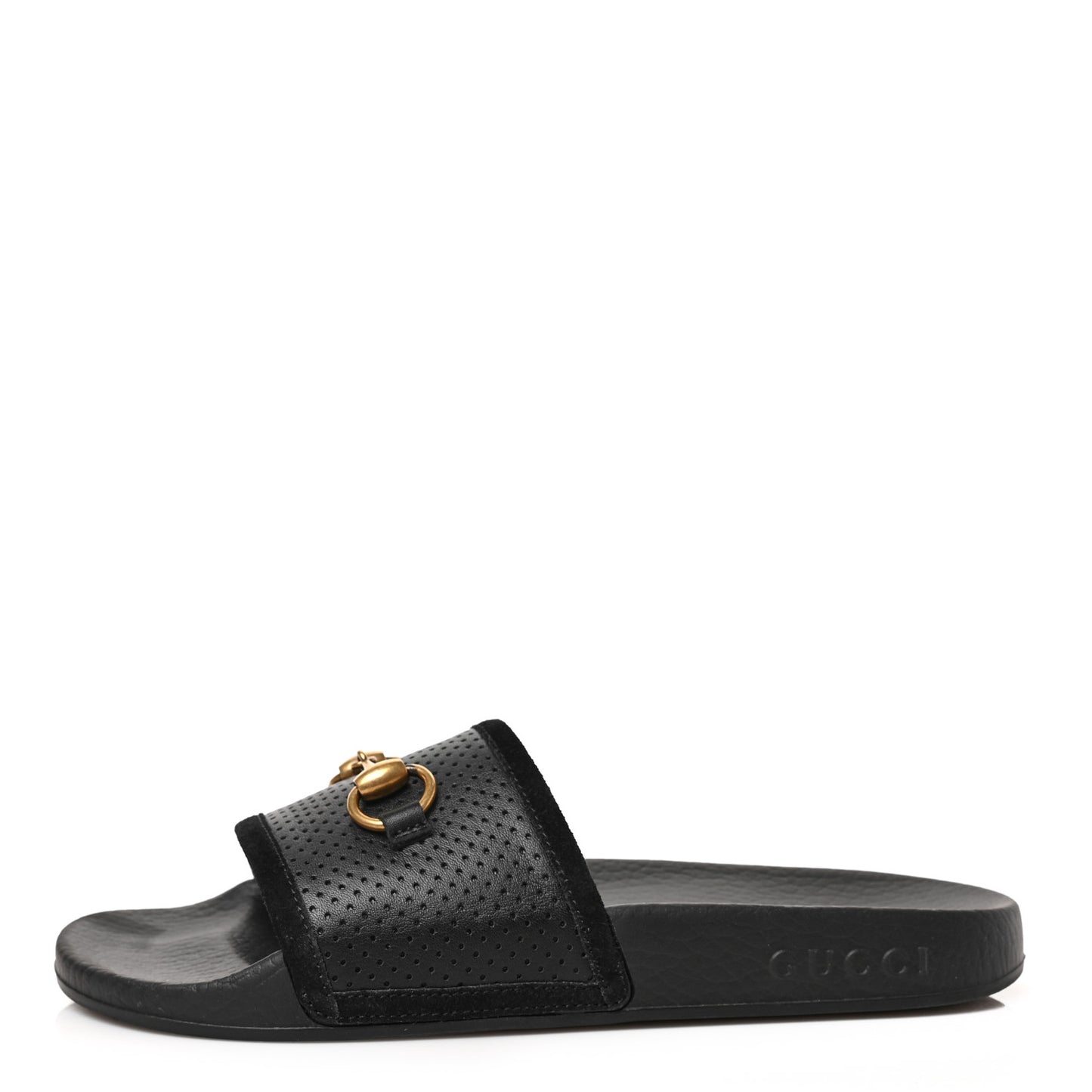 Suede Perforated Horsebit Slide Sandals 37 Black