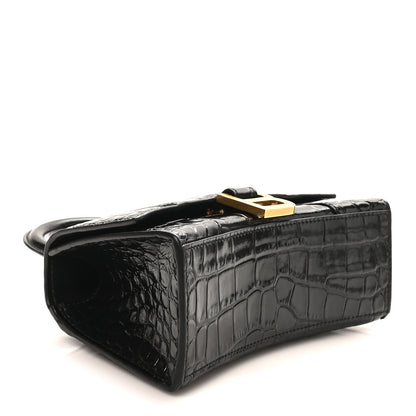 Balenciaga Shiny Calfskin Crocodile Embossed Hourglass Top Handle Bag XS Black 3 of 8