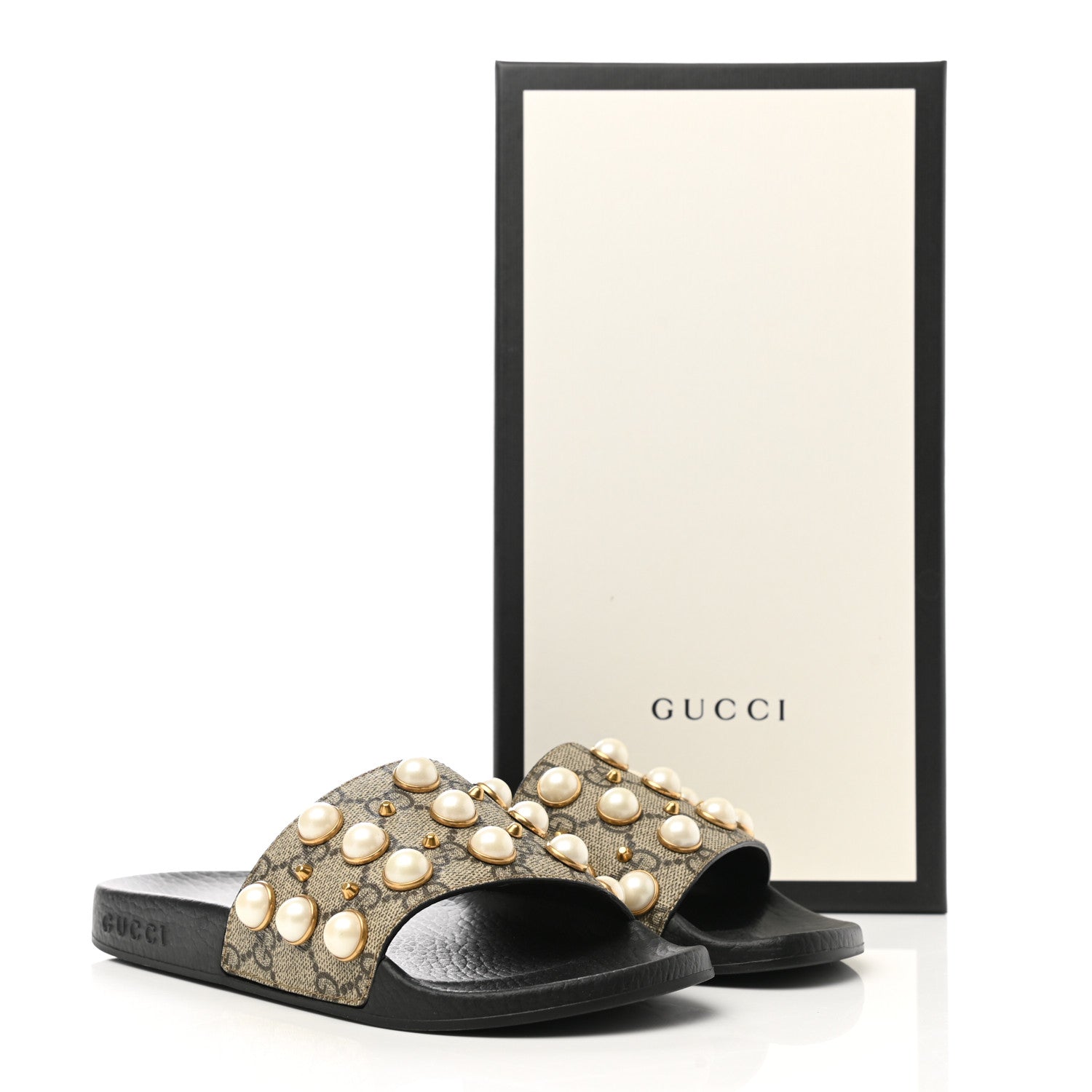 Gucci GG Supreme Monogram Pearls Slide Sandals 35 Beige 10 of 10