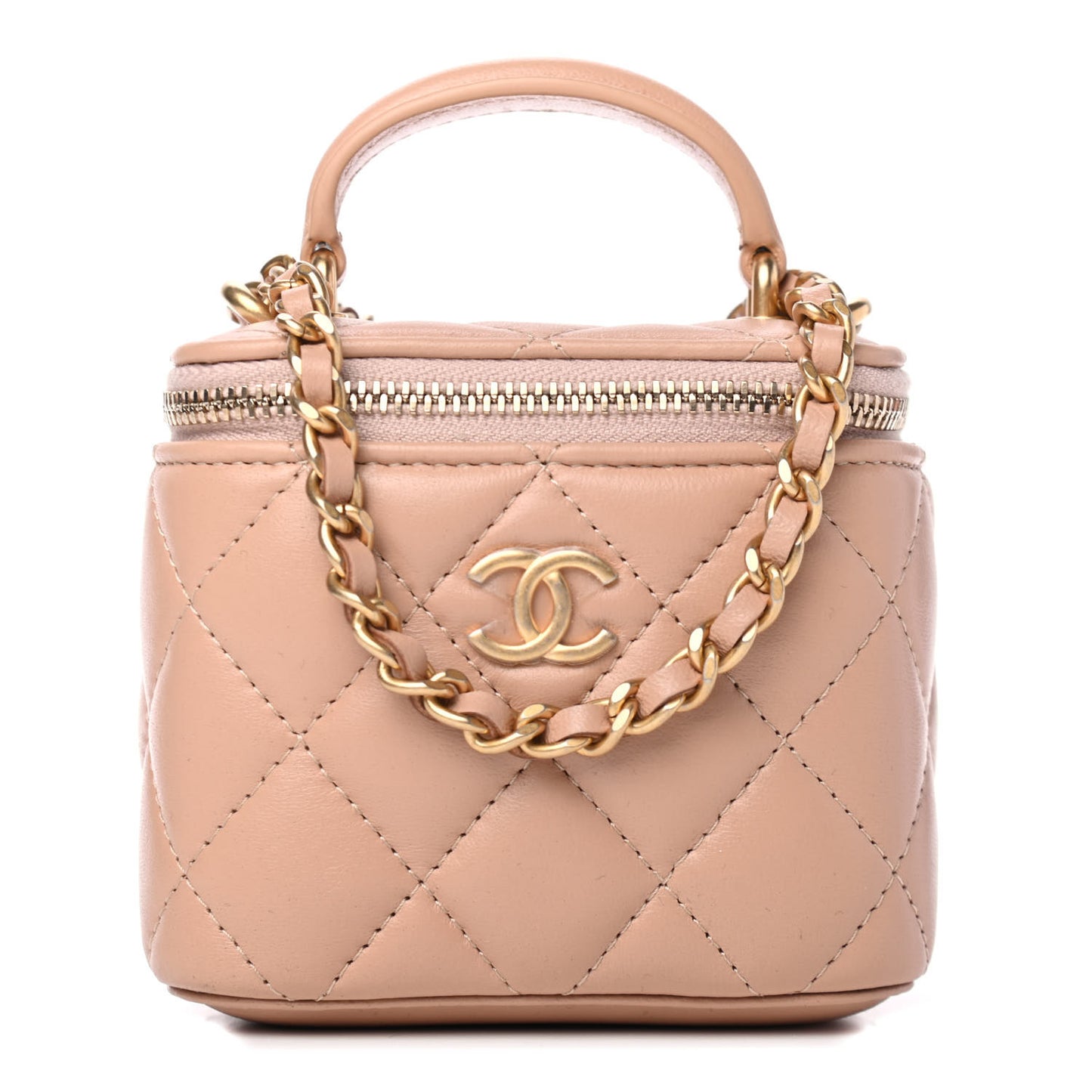 Lambskin Quilted Top Handle Mini Vanity Case With Chain Beige