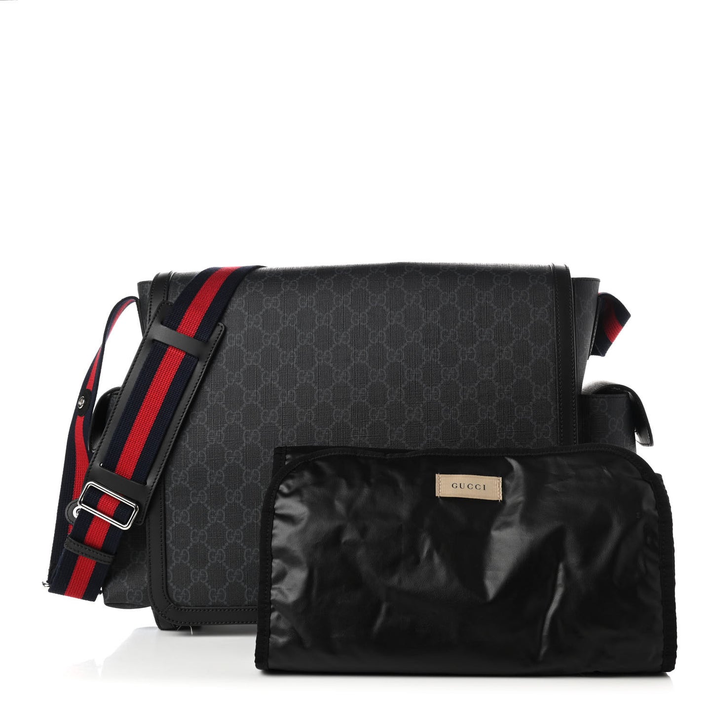 GG Supreme Monogram Web Messenger Diaper Bag Black Grey
