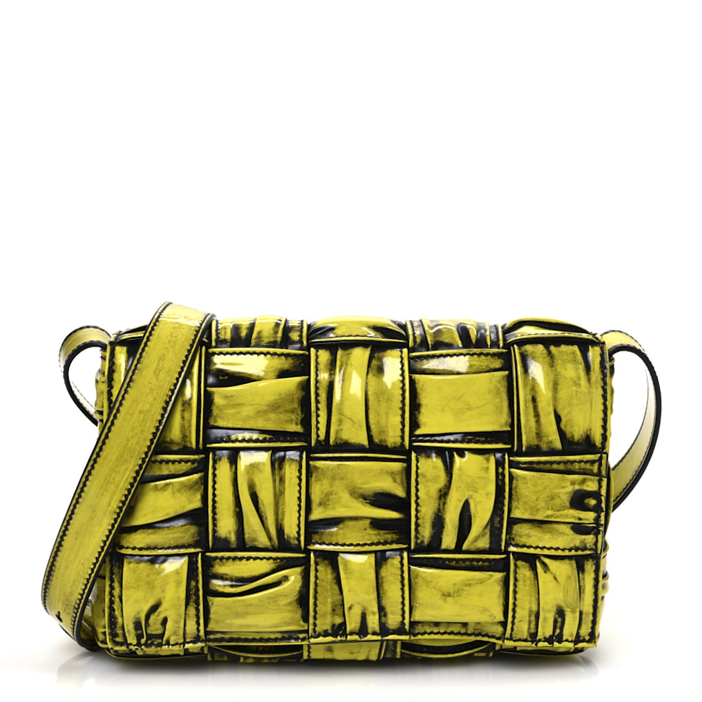 Patent Maxi Intrecciato Padded Cassette Crossbody Bag New Chartreuse Black
