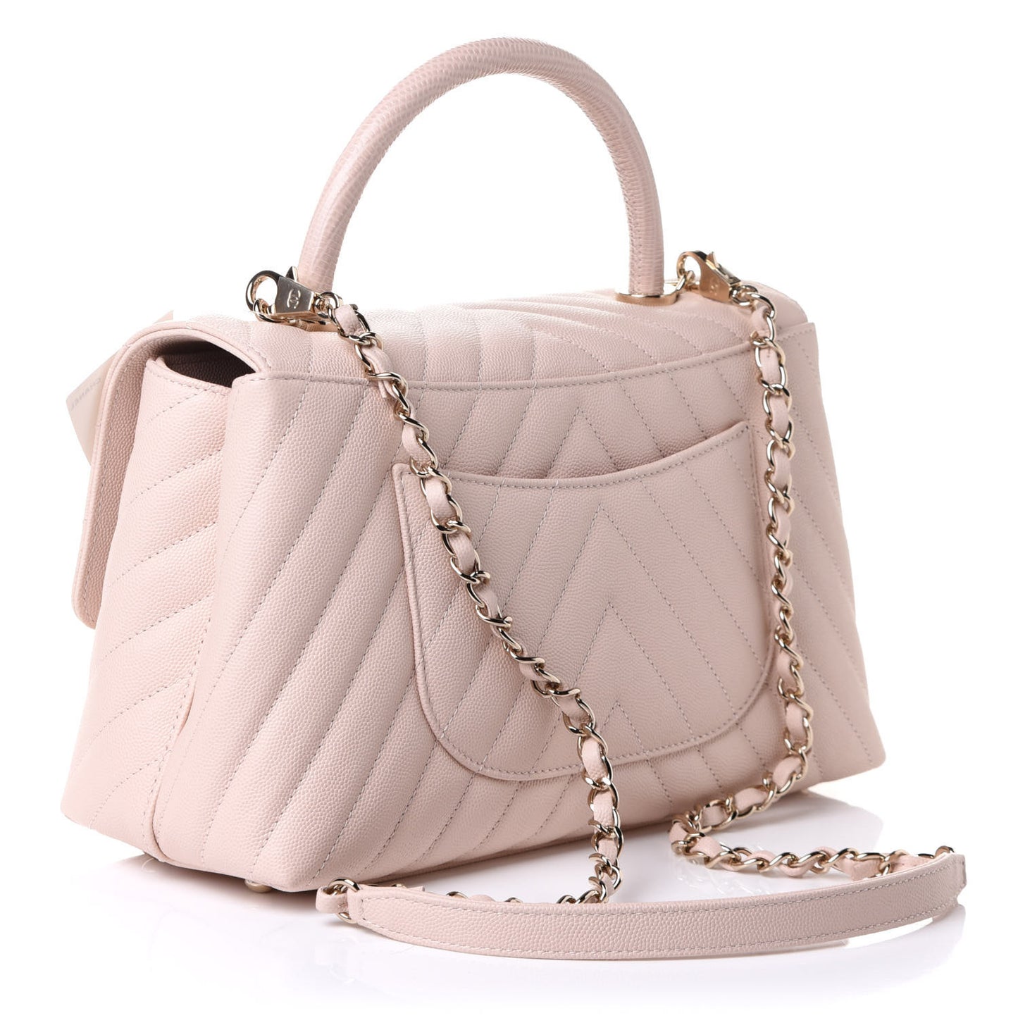 Caviar Lizard Embossed Chevron Quilted Small Coco Handle Flap Beige