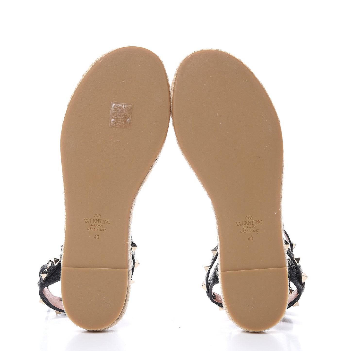 Grained Calfskin Rockstud Ankle Strap Espadrille Flat Sandals 40 Black