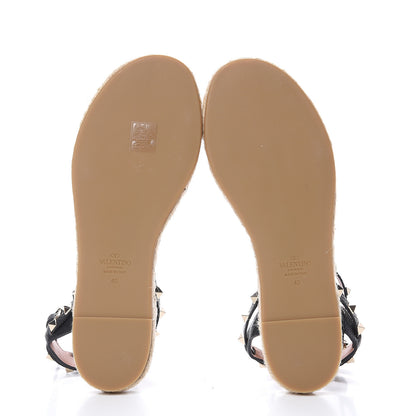 Valentino Garavani Grained Calfskin Rockstud Ankle Strap Espadrille Flat Sandals 40 Black 5 of 8