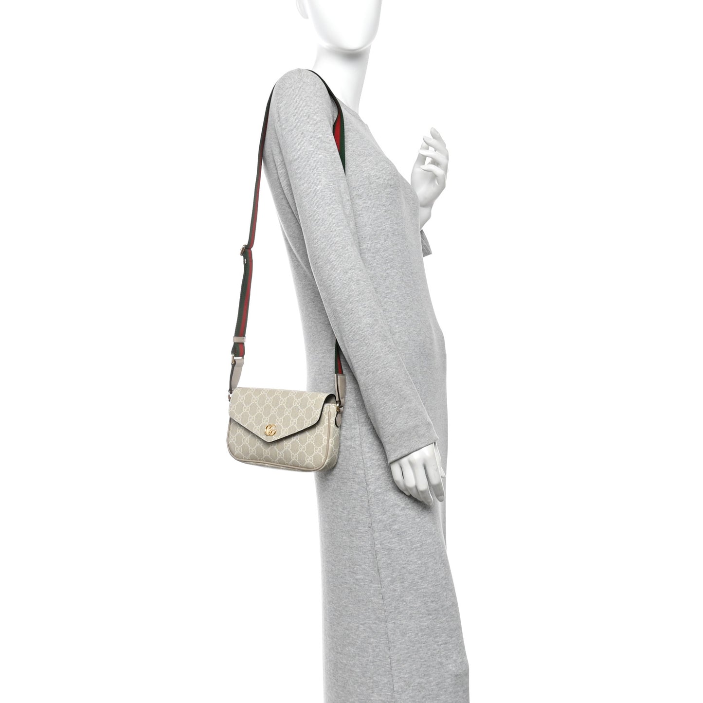 GG Supreme Monogram Textured Dollar Calfskin Web Mini Ophidia Envelope Shoulder Bag Beige Mystic White Oatmeal