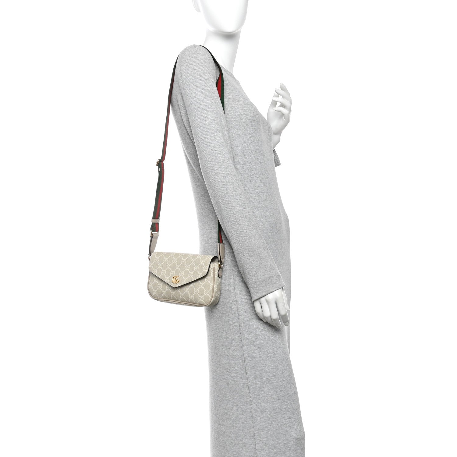 Gucci GG Supreme Monogram Textured Dollar Calfskin Web Mini Ophidia Envelope Shoulder Bag Beige Mystic White Oatmeal 2 of 11