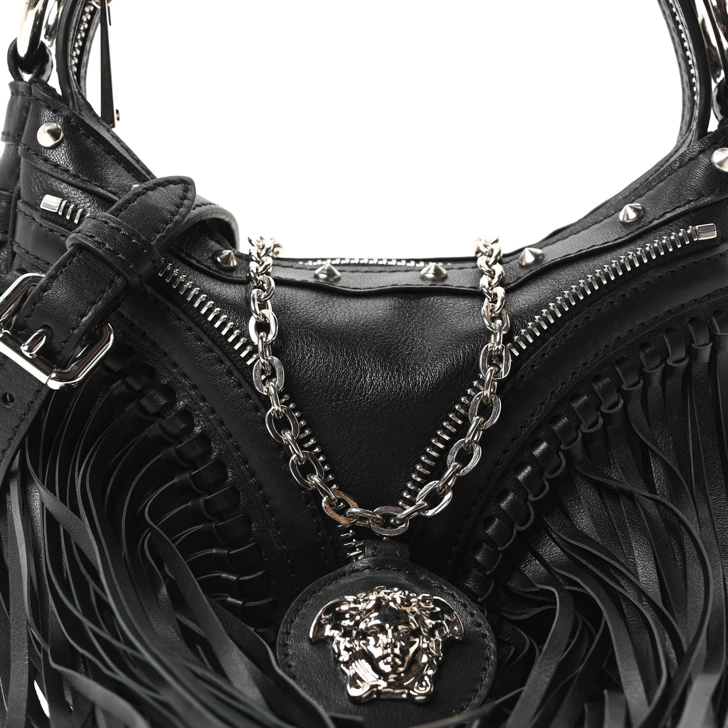 Calfskin Studded Mini Fringe Repeat Zip Hobo Black