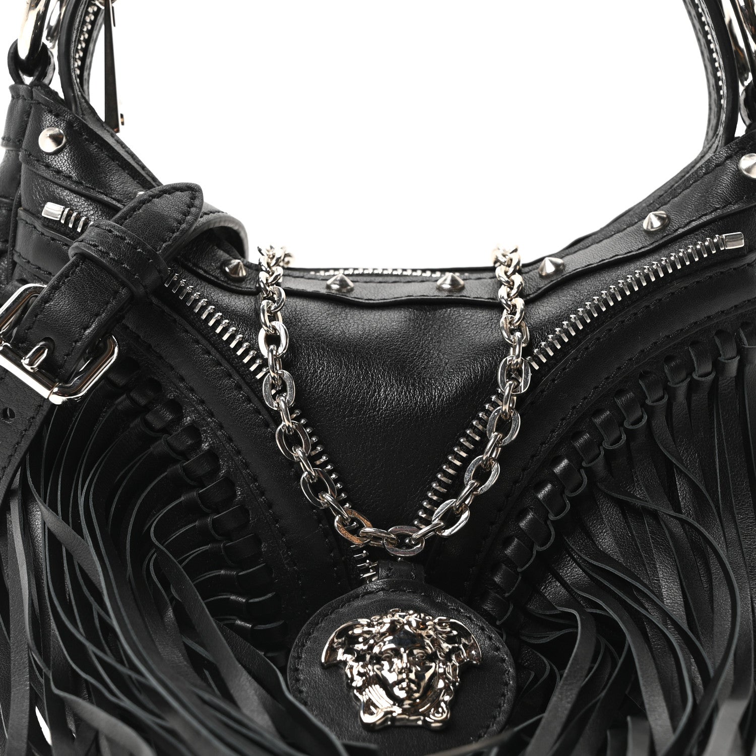 Versace Calfskin Studded Mini Fringe Repeat Zip Hobo Black 8 of 10