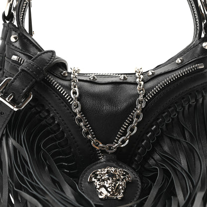 Versace Calfskin Studded Mini Fringe Repeat Zip Hobo Black 8 of 10