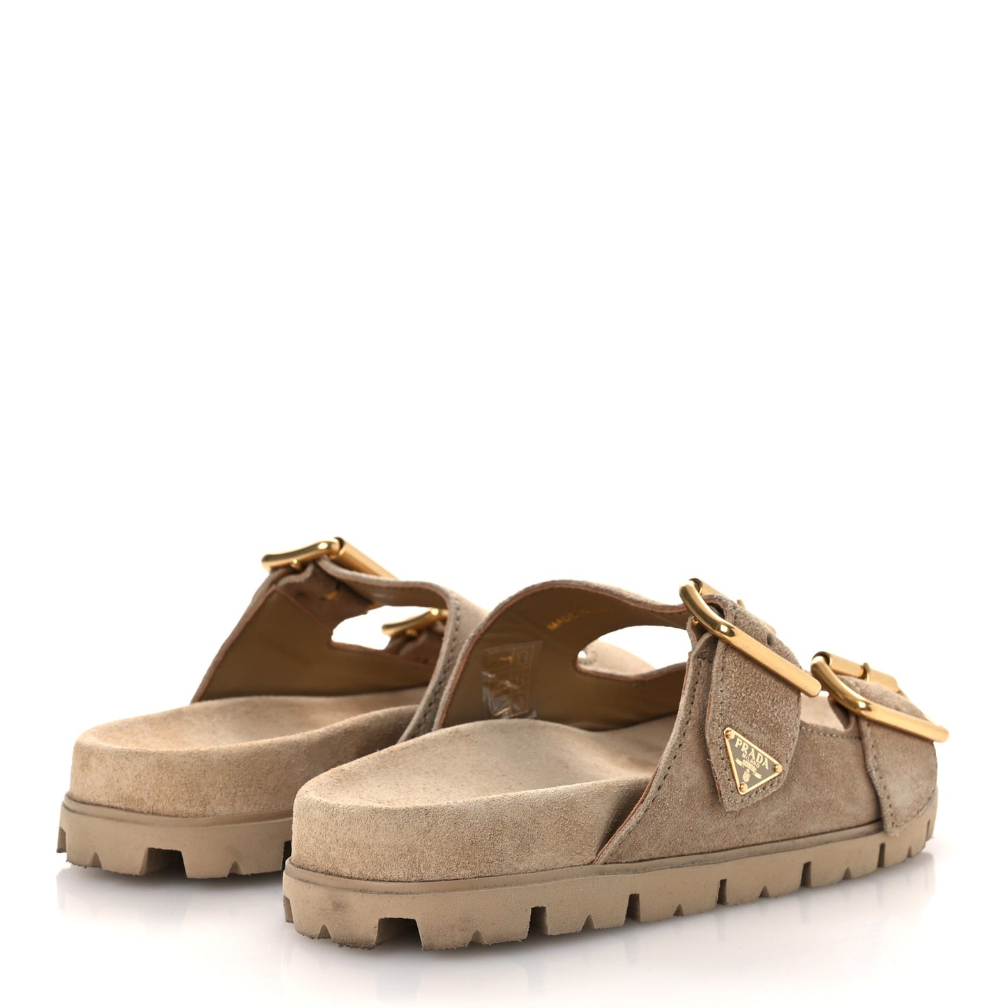Suede Metal Triangle Logo Womens Double Buckle 20mm Slide Sandals 37 Ecru