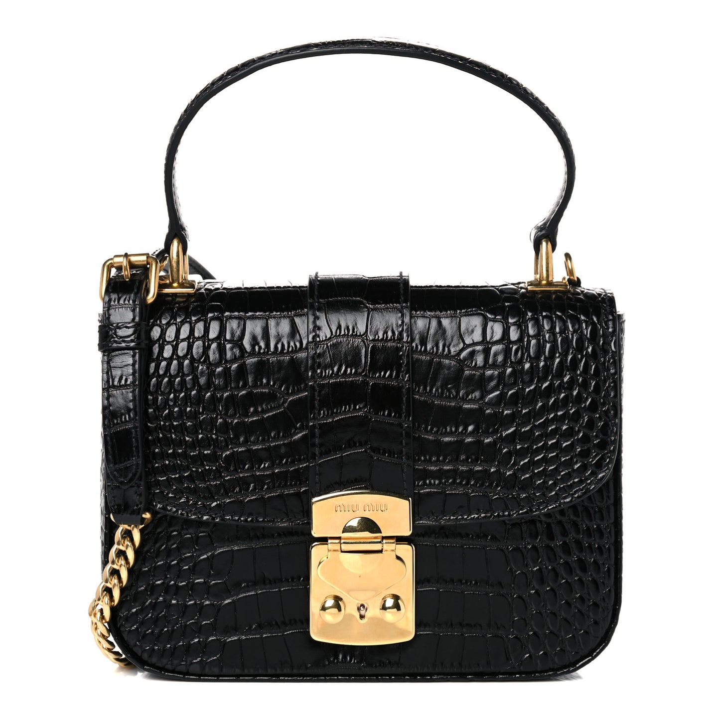 Crocodile Print Calfskin Top Handle Bag Black