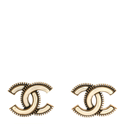 Chanel Metal Enamel CC Earrings Gold White 1 of 5