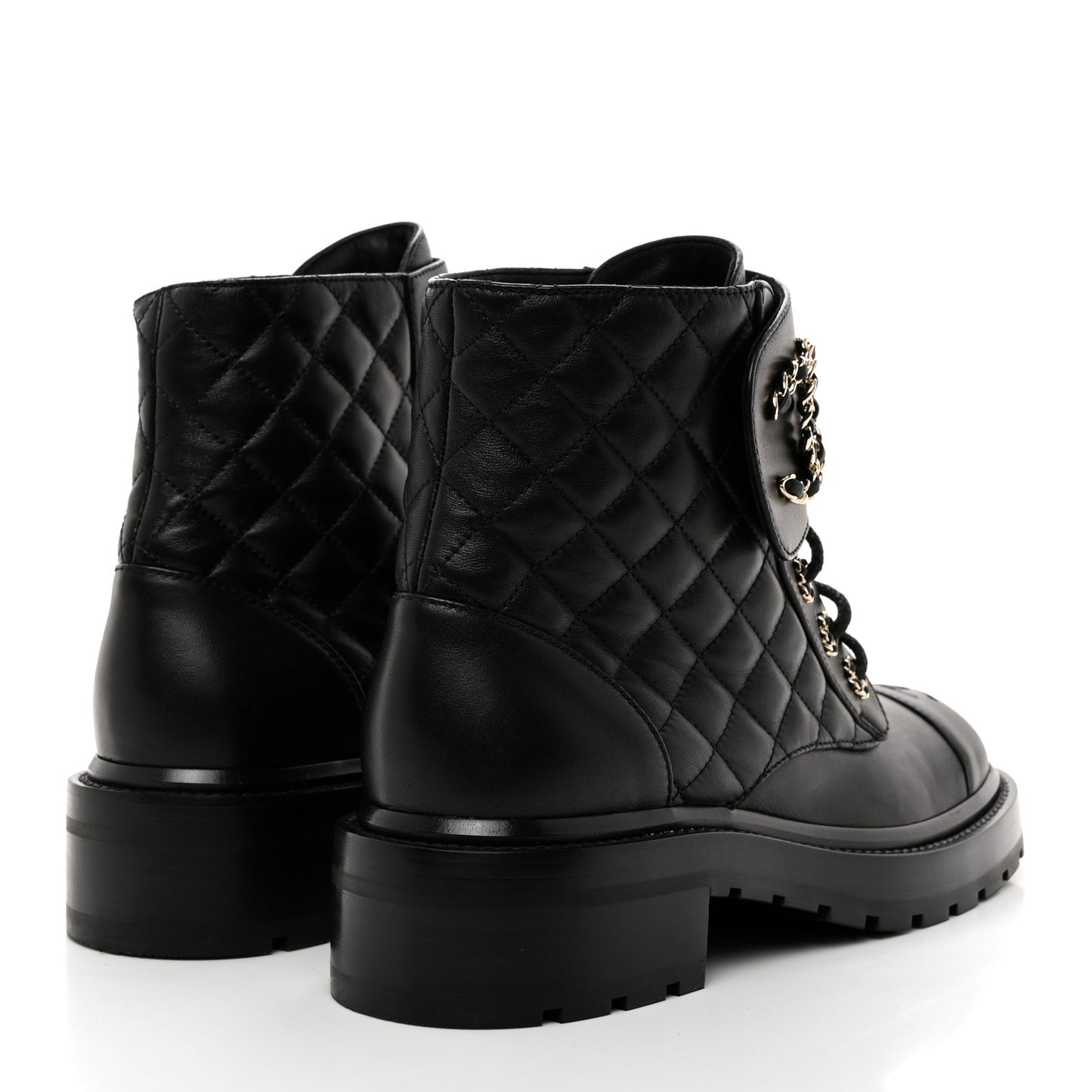 Shiny Lambskin Quilted Lace Up Combat Boots 38 Black