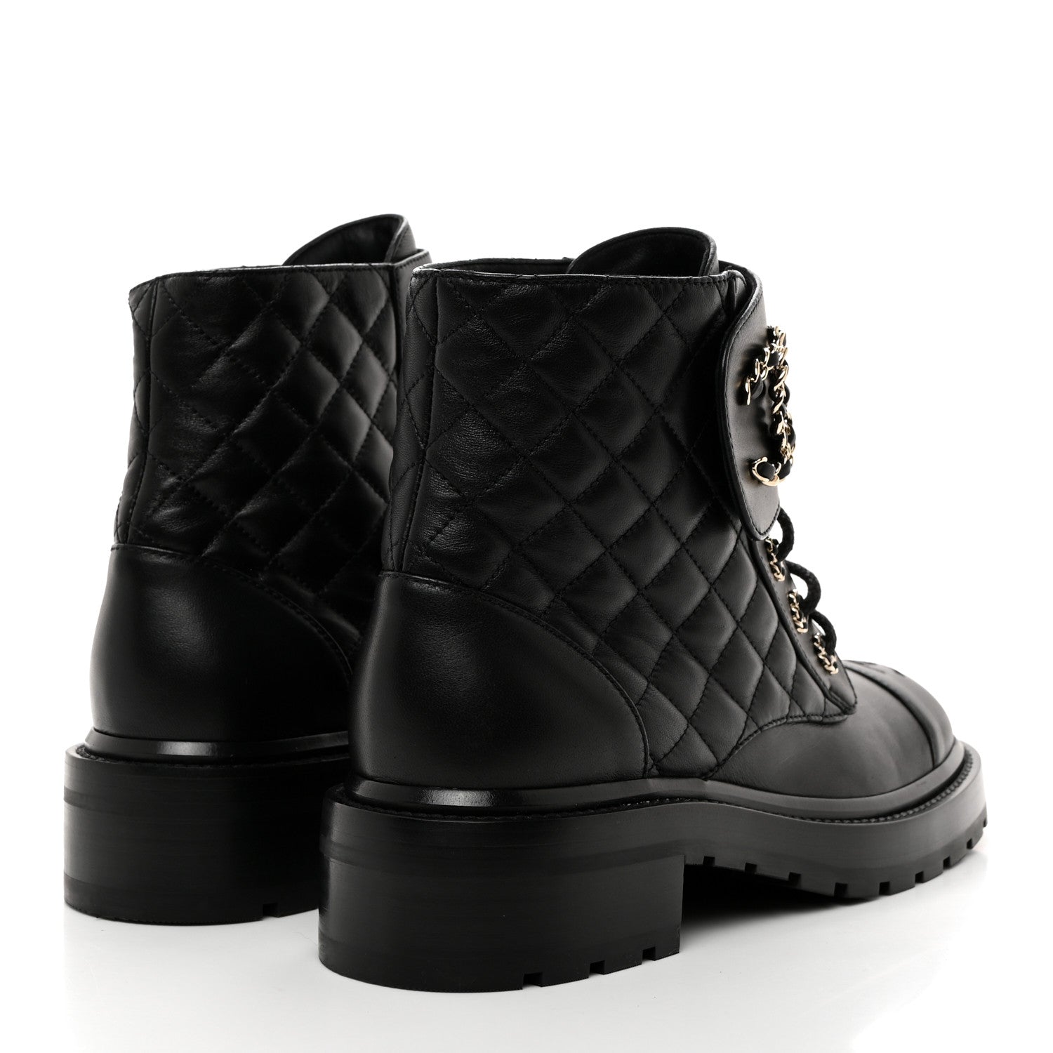 Chanel Shiny Lambskin Quilted Lace Up Combat Boots 38 Black 4 of 9