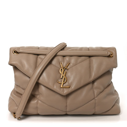 Saint Laurent Lambskin Quilted Small Loulou Puffer Monogram Chain Satchel Dark Beige 1 of 10