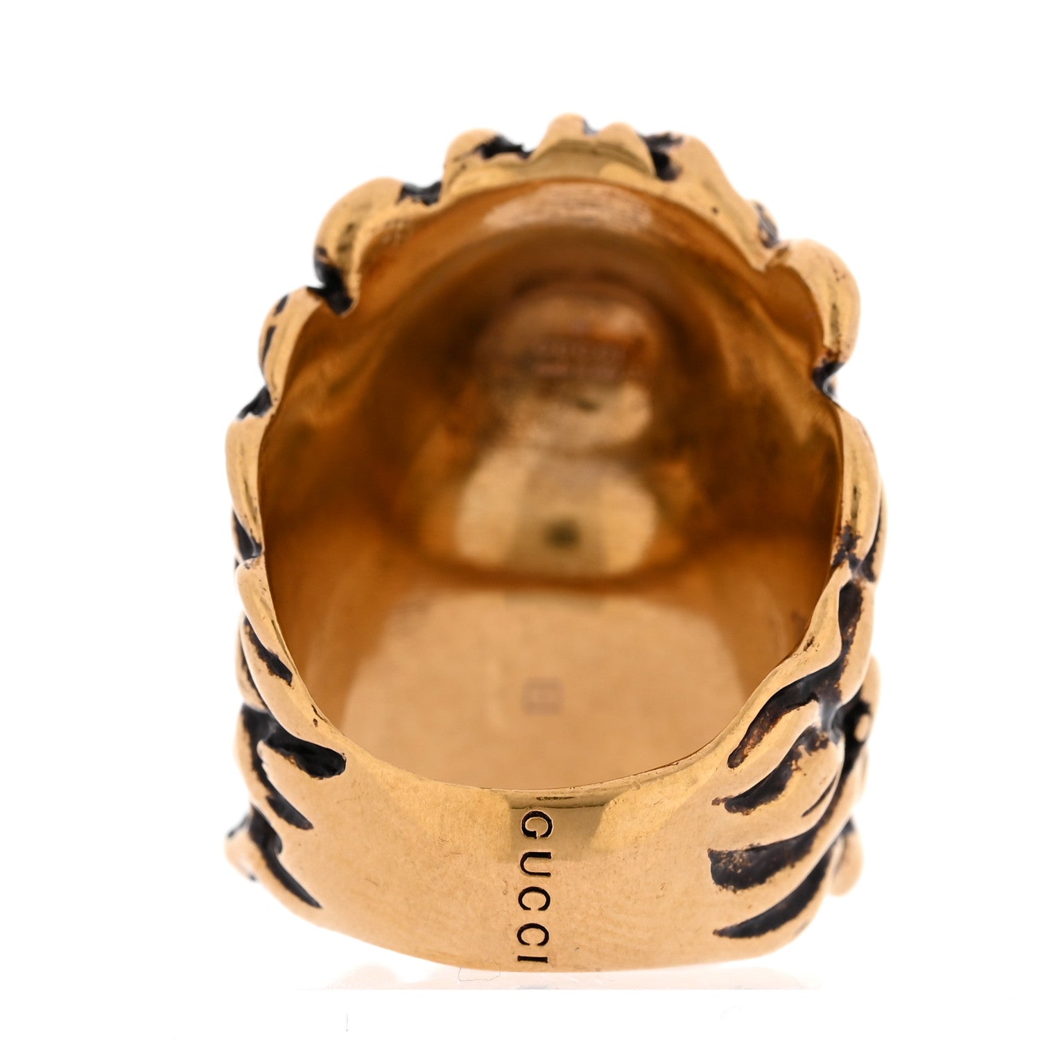 Gucci Metal Crystal Lion Head Ring 56 7.5 Black Aged Gold 3 of 6