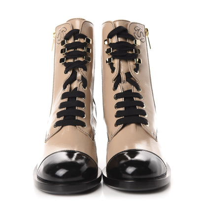 Chanel Patent Calfskin CC Lace Up Short Boots 36 Beige Black 2 of 10