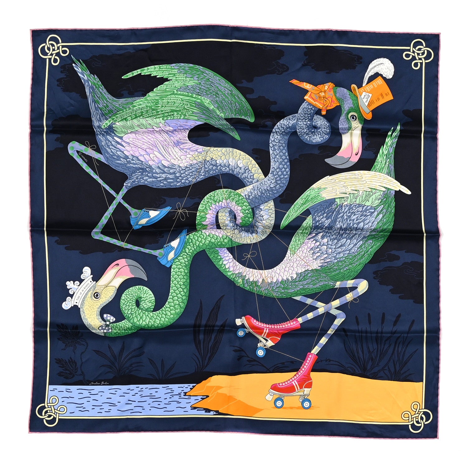 Hermes Silk Tied Up In Knots Scarf 70 Marine Vert Jaune 1 of 5