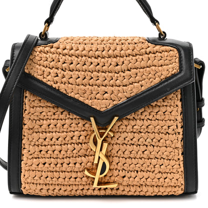 Saint Laurent Raffia Calfskin Mini Classic Monogram Cassandra Top Handle Black Natural 7 of 9