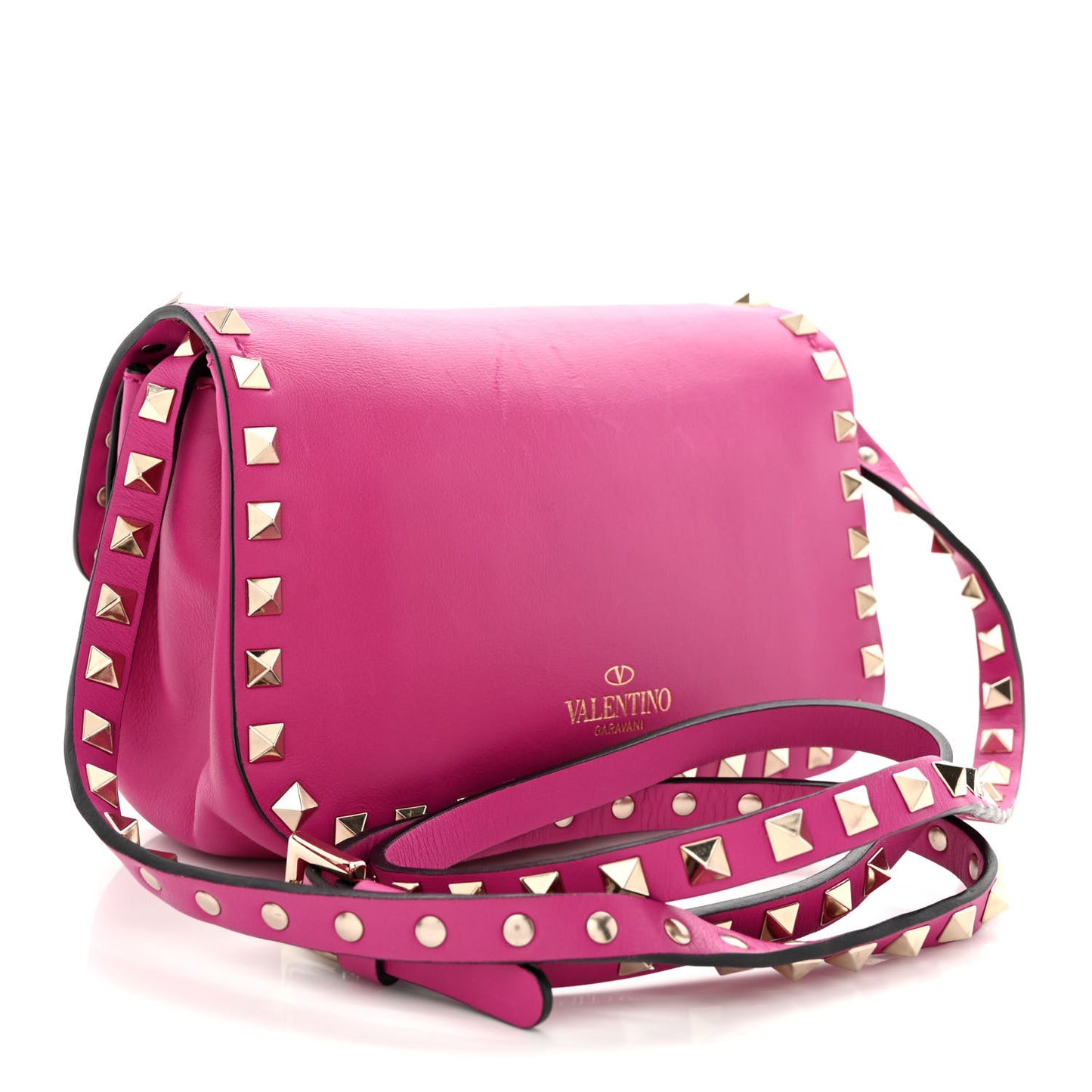 Vitello Mini Rockstud Flap Saddle Crossbody Bag Fuxia