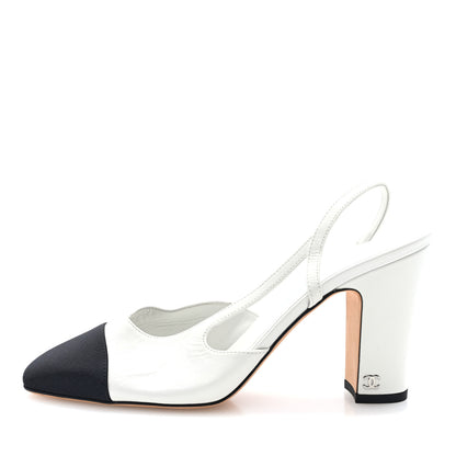 Chanel Goatskin Grosgrain Cap Toe CC Slingback Pumps 39 White Black 1 of 9