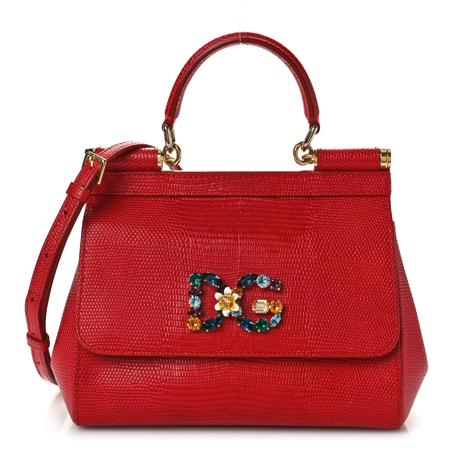 Dolce & Gabbana Stampa Iguana Crystal Small Miss Sicily Satchel Red 1 of 9