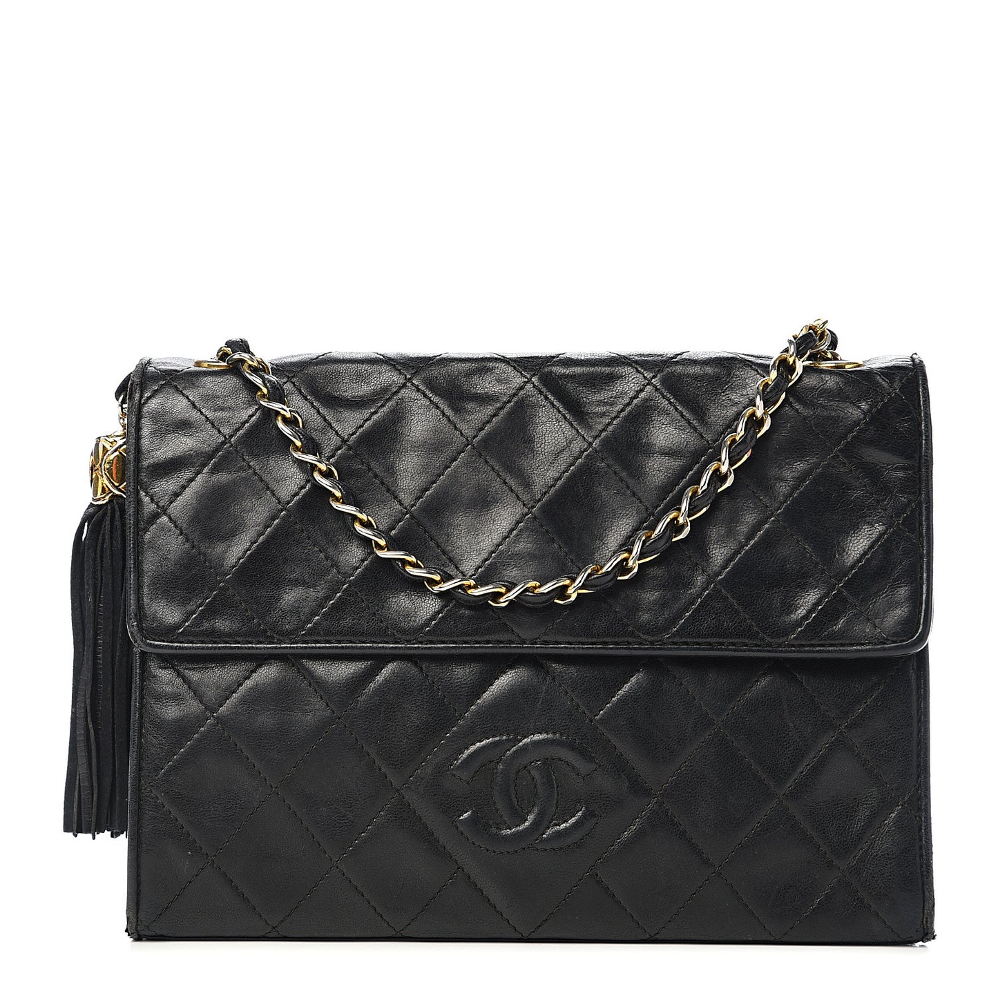 Lambskin Quilted CC Tassel Shoulder Flap Black