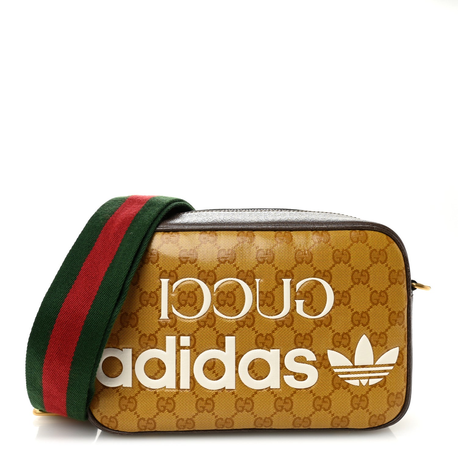 Gucci X ADIDAS Crystal Vintage Monogram Textured Dollar Calfskin Web Trefoil Logo Small Messenger Bag Mid Natural Nut Off White New Acero 1 of 11