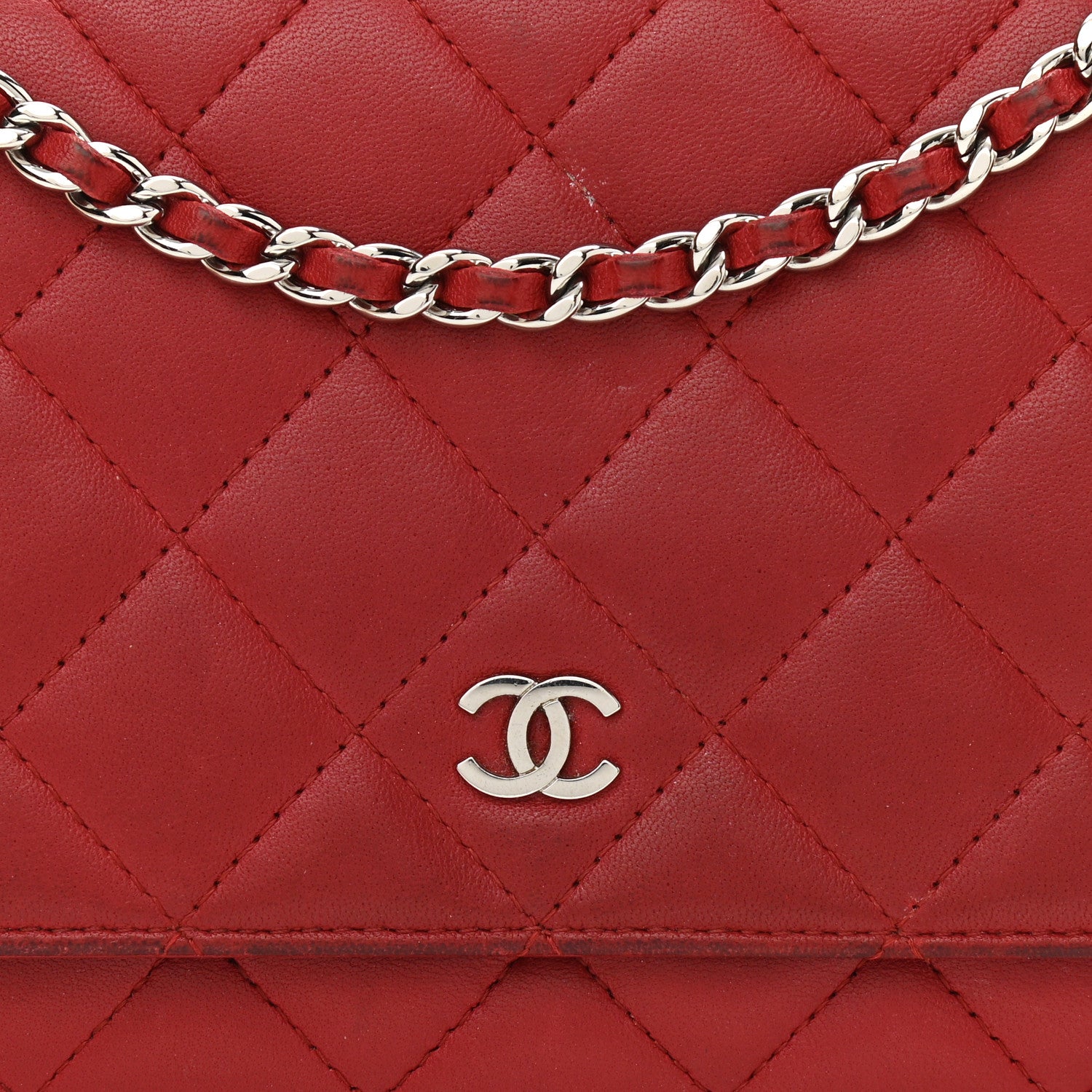 Chanel Lambskin Quilted Wallet On Chain WOC Red 9 of 17
