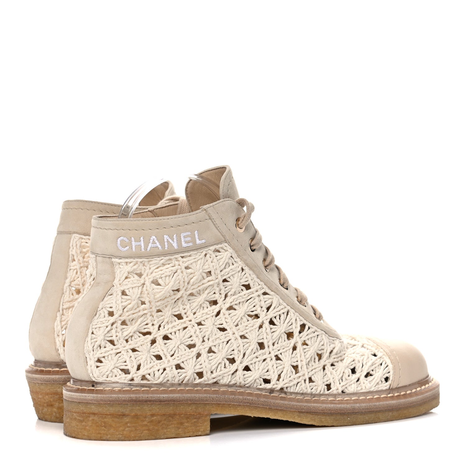 Chanel Crochet Calfskin Lace Up Boots 38 Beige 4 of 11