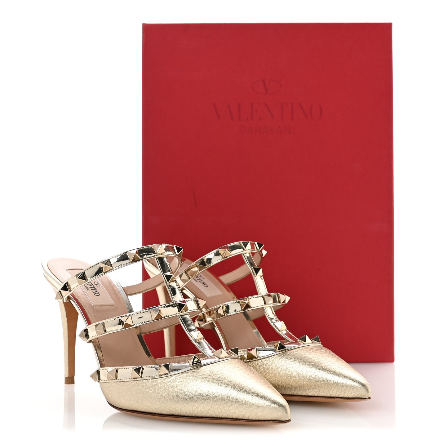 Metallic Pebbled Calfskin Rockstud 90mm Cage Mules 39 Platino