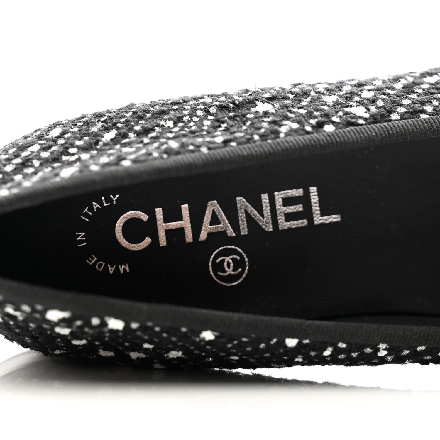 Chanel Cotton Tweed Grosgrain Cap Toe Ballerina Flats 37.5 Black Silver White 6 of 9