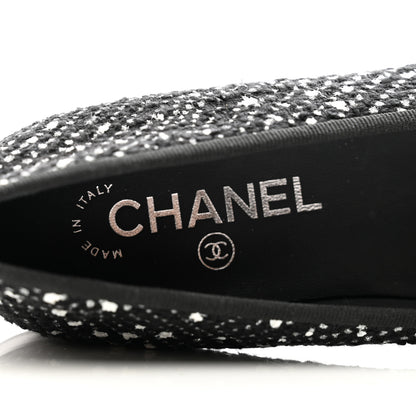 Chanel Cotton Tweed Grosgrain Cap Toe Ballerina Flats 37.5 Black Silver White 6 of 9
