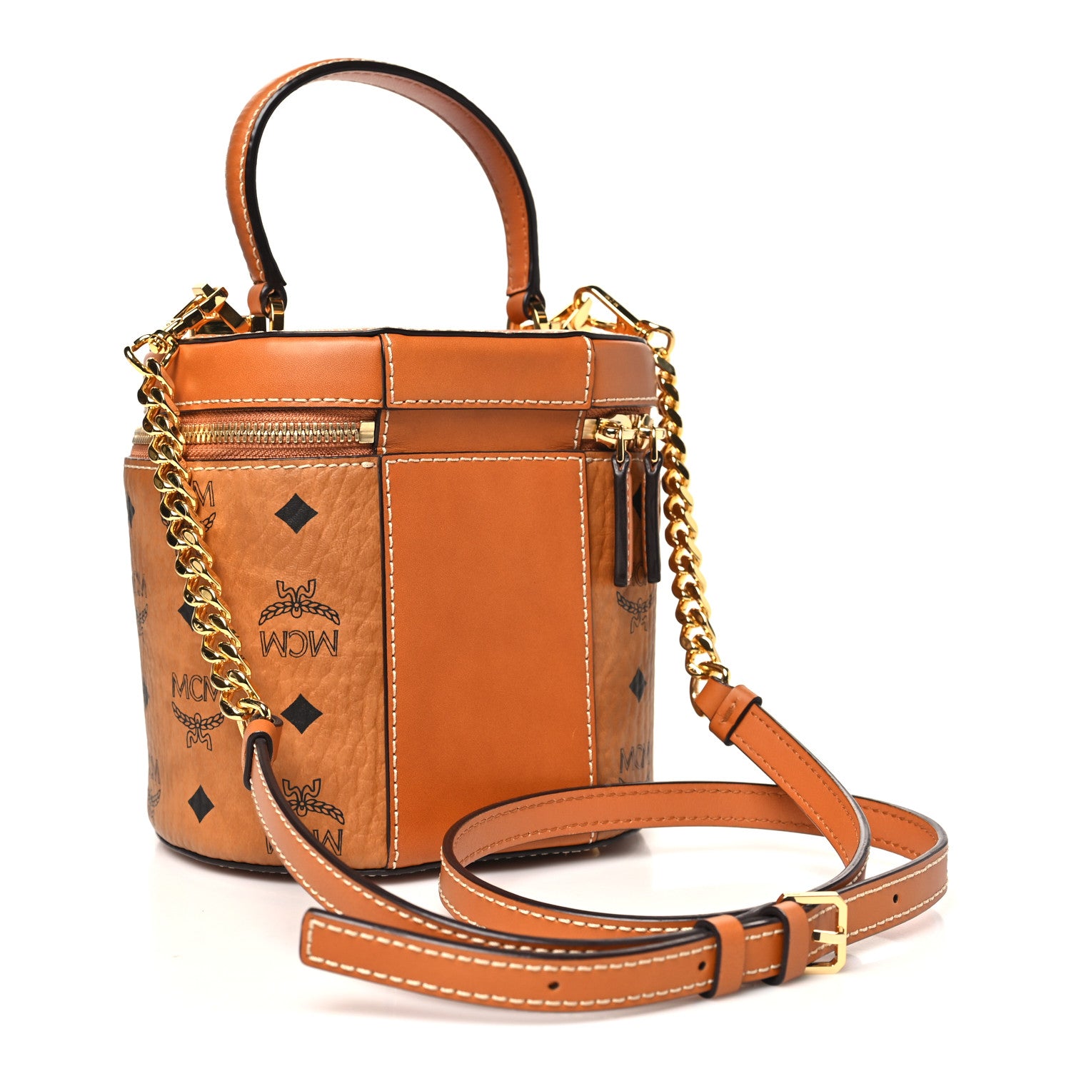 MCM Visetos Small Cylinder Crossbody Bag Cognac 1831207 – FASHIONPHILE