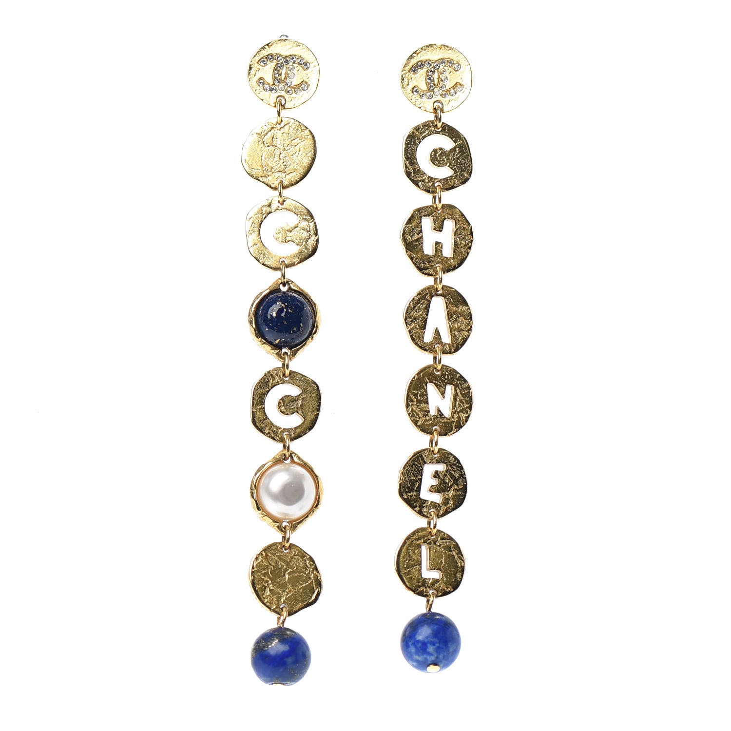 Chanel Pearl Crystal Papyrus Drop Strand Earrings Gold Blue 1 of 4