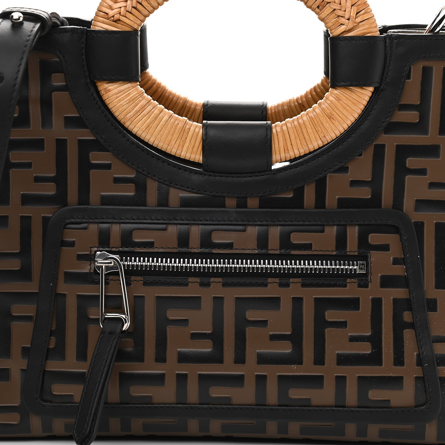 Fendi Vitello Century Wicker Bi-Color FF 1974 Embossed Small Runaway Shopper Tote Maya Black 8 of 10