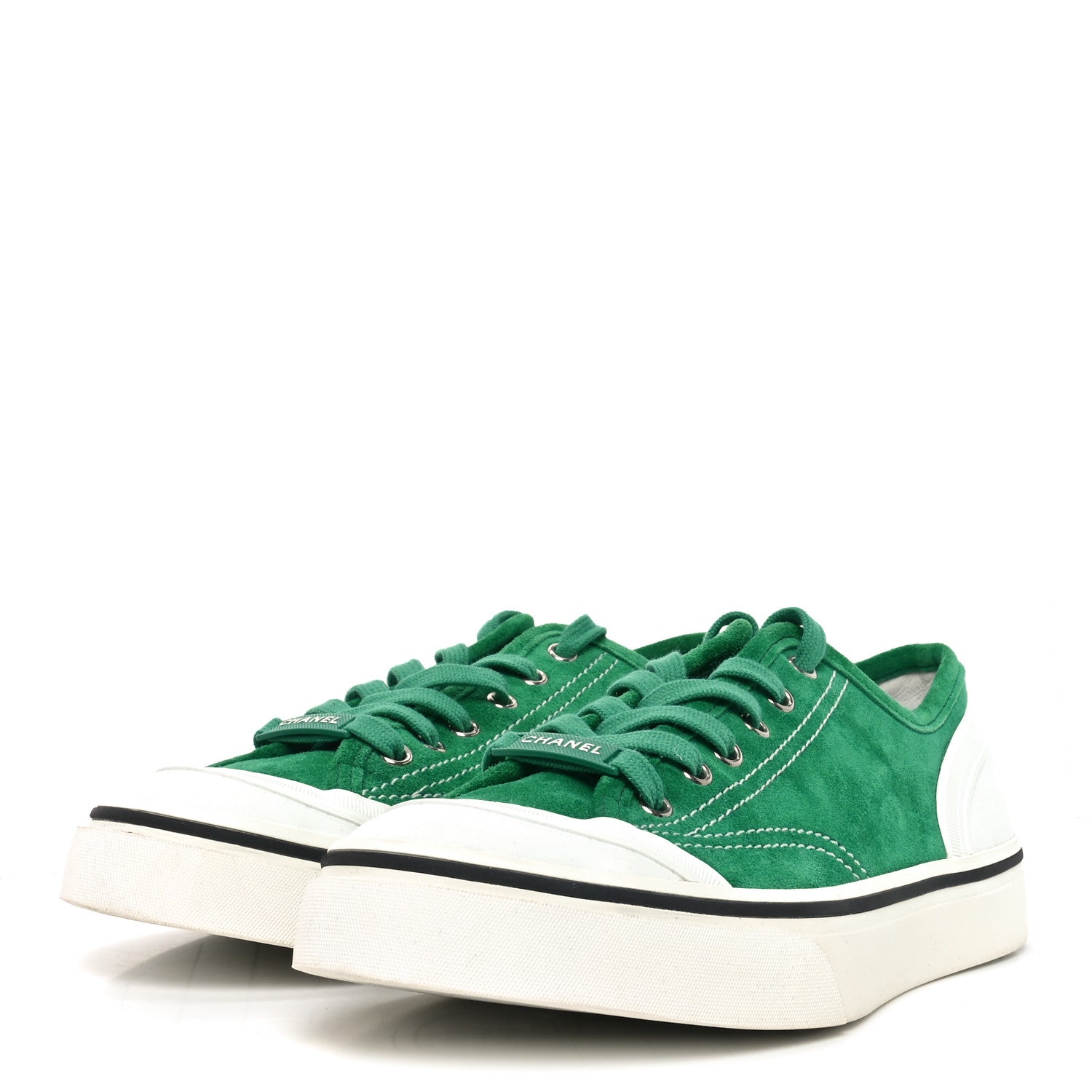 Chanel Suede Calfskin Lace Up Cap Toe Sneakers 39.5 Green 1781303