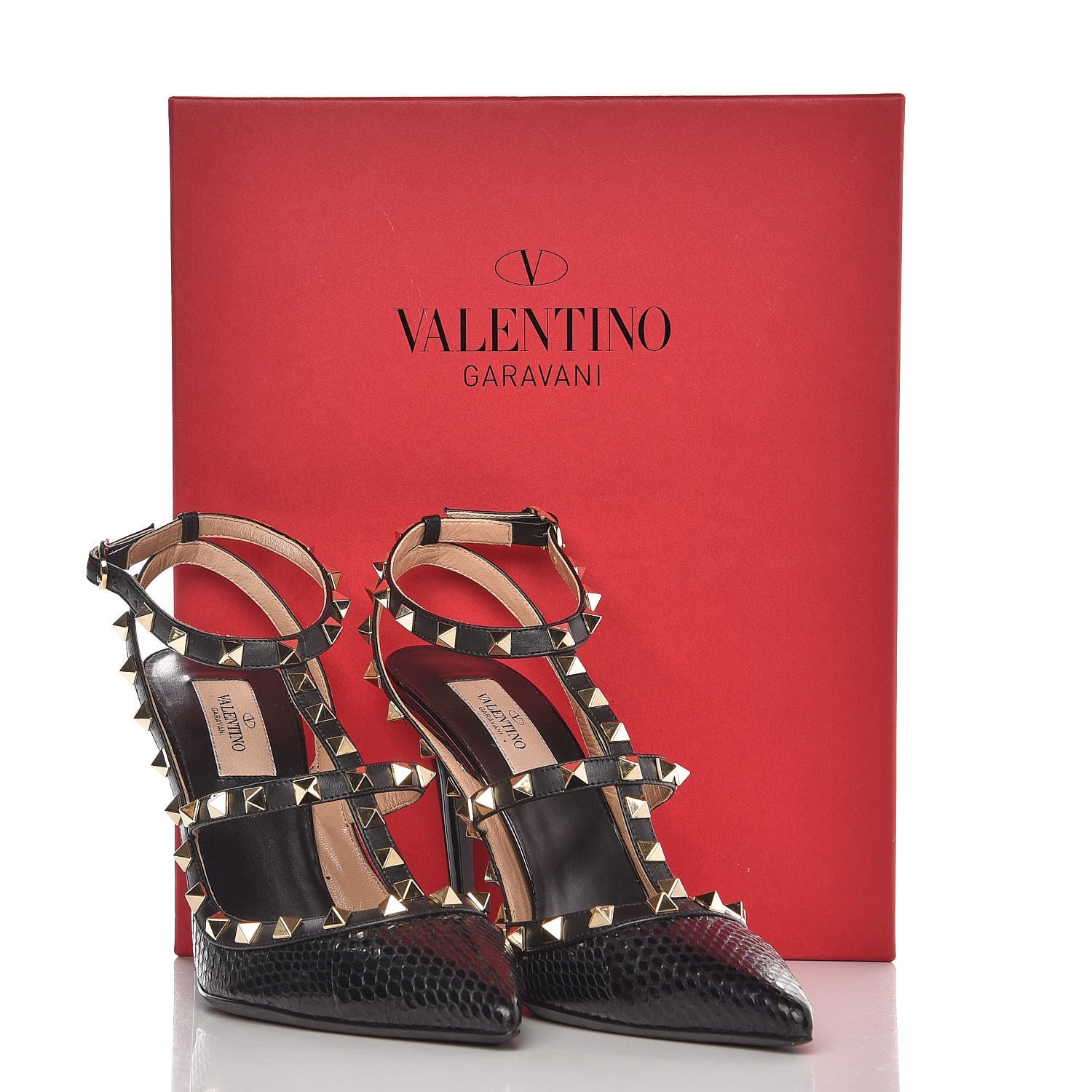Valentino Garavani Glossy Python Rockstud Ankle Strap Pumps 39.5 Black 8 of 8